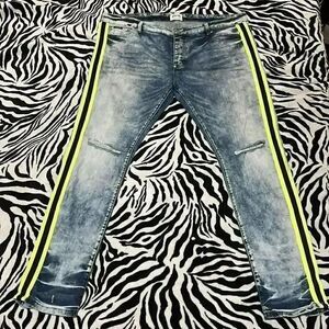 Mackeen market men’s striped neon green ripped skinny jeans Y2K acid wash size42